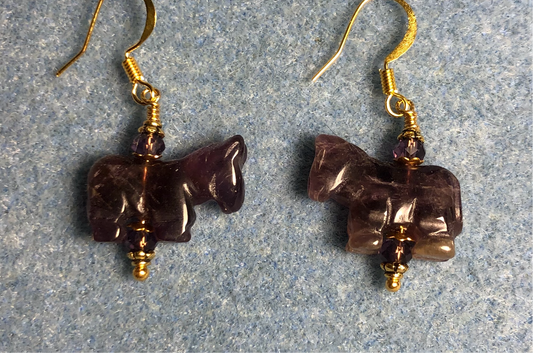 Genuine amethyst gemstone horse bead earrings adorned with purple Chinese crystal beads.