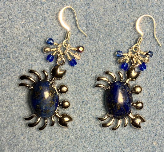 Large silver and blue sodalite gemstone crab charm earrings adorned with small dangling dark blue and silver Czech glass beads.