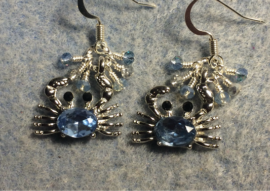 Silver and light blue rhinestone crab charm earrings adorned with tiny dangling light blue and silver Chinese crystal beads.