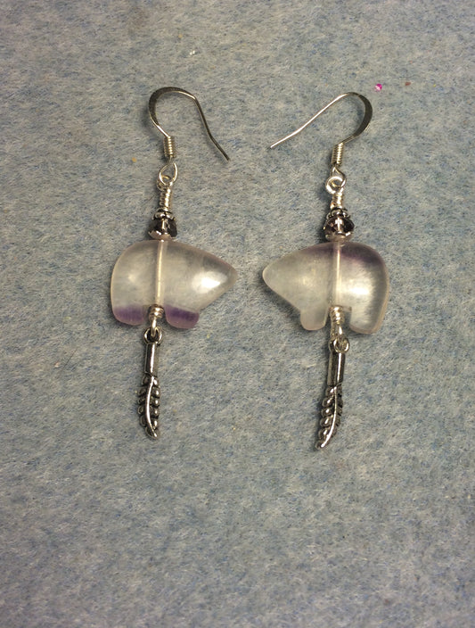 Clear purple fluorite gemstone Zuni bear fetish bead earrings adorned with purple crystal beads and tiny silver feather charms.