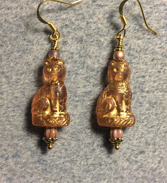 Rose pink (with gold inlay) fancy Czech glass cat bead earrings adorned with rose pink Czech glass beads.