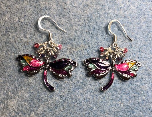 Purple and pink dragonfly charm earrings adorned with tiny dangling purple, silver, and pink Chinese crystal beads.