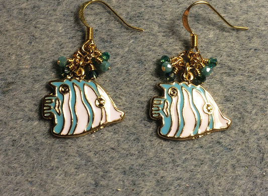 Turquoise and white enamel striped angelfish charm earrings adorned with tiny dangling turquoise Chinese crystal beads.