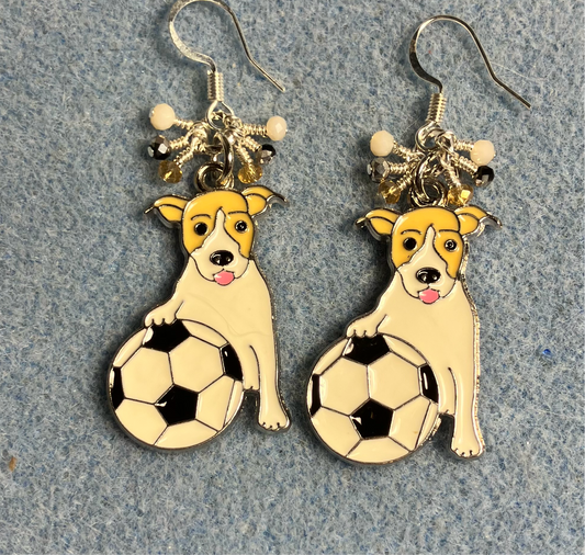 Tan and white enamel Jack Russell terrier (holding a soccer ball) charm earrings adorned with tiny dangling tan, white, and black Chinese crystal beads.
