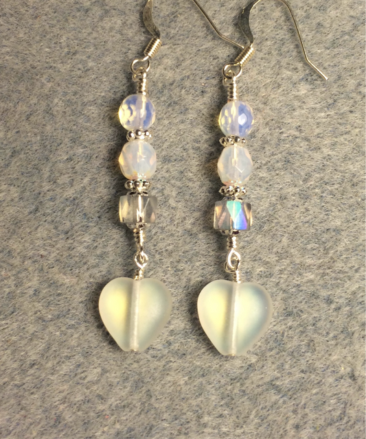 Small matte white Czech glass heart bead earrings adorned with milky white and clear Czech glass beads.