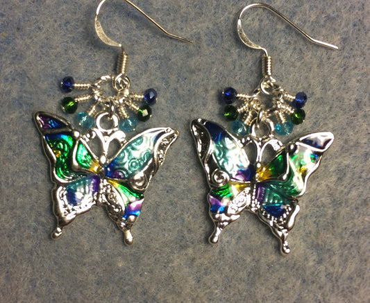 Turquoise, green, and dark blue enamel butterfly charm earrings adorned with tiny dangling turquoise, green, and dark blue Chinese crystal beads.