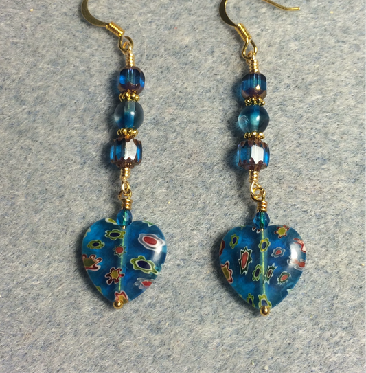 Turquoise millefiori Czech glass heart bead earrings adorned with turquoise Czech glass beads.