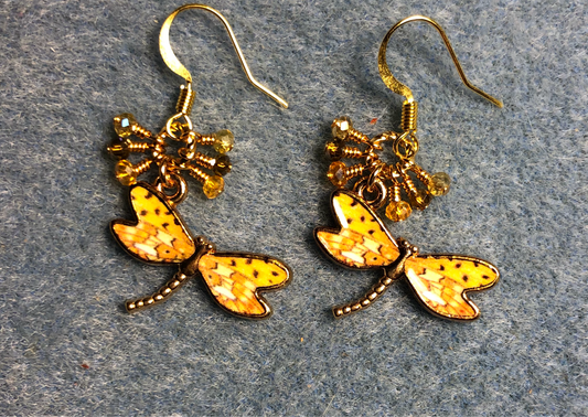 Yellow and orange enamel spotted dragonfly charm earrings adorned with tiny dangling yellow and amber Chinese crystal beads.