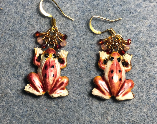 Vintage red and peach cloisonné frog bead earrings adorned with red and peach Chinese crystal beads.