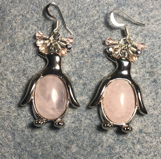 Large silver and pink rose quartz gemstone penguin charm earrings adorned with small dangling pink and clear Czech glass beads.