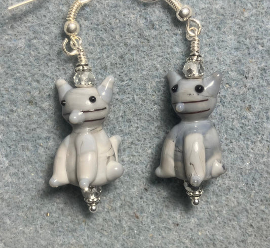 Opaque gray lamp cat bead earrings adorned with clear Chinese crystal beads.