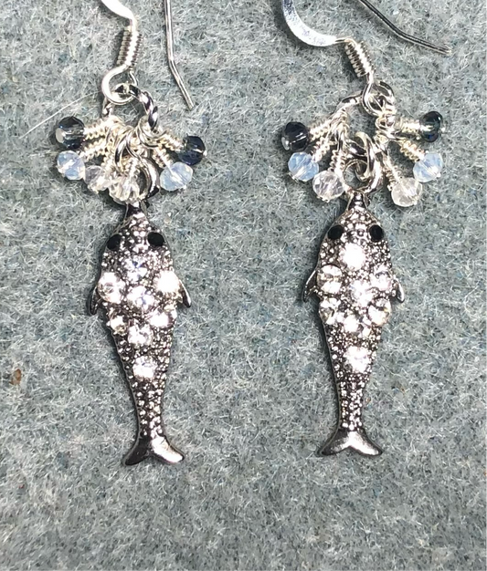Silver and clear rhinestone fish charm earrings adorned with tiny dangling clear, white, and light blue Chinese crystal beads.