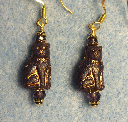 Small purple (with gold inlay) Czech glass cat bead earrings adorned with purple Chinese crystal beads.