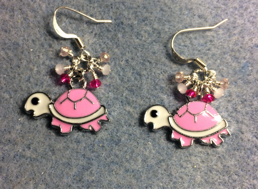 Pink and white enamel turtle charm earrings adorned with tiny dangling pink and white Chinese crystal beads.