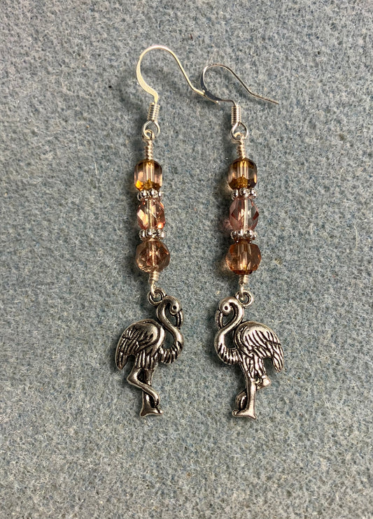 Silver flamingo charm earrings adorned with rose gold Czech glass beads