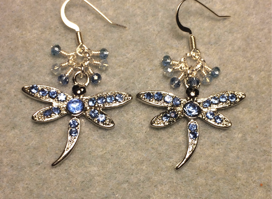 Light blue rhinestone dragonfly charm earrings adorned with tiny dangling light blue and silver Chinese crystal beads.