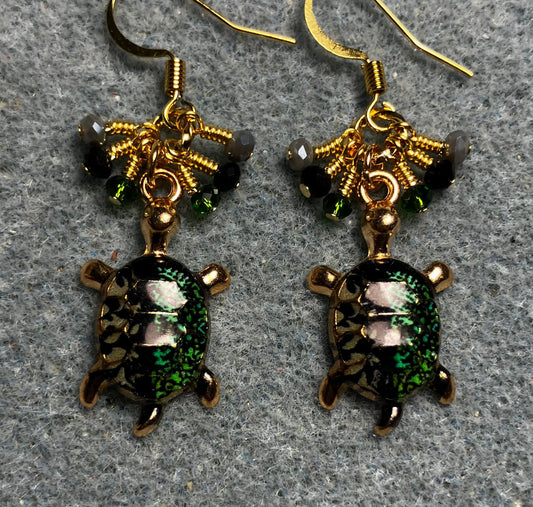 Dark green, black, and gray enamel turtle charm earrings adorned with tiny dangling dark green, black, and gray Chinese crystal beads.