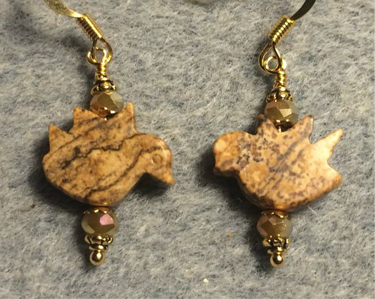 Picture jasper gemstone flying dove bead earrings adorned with tan Chinese crystal beads.