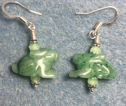 Green aventurine gemstone rabbit bead earrings adorned with light green Chinese crystal beads.