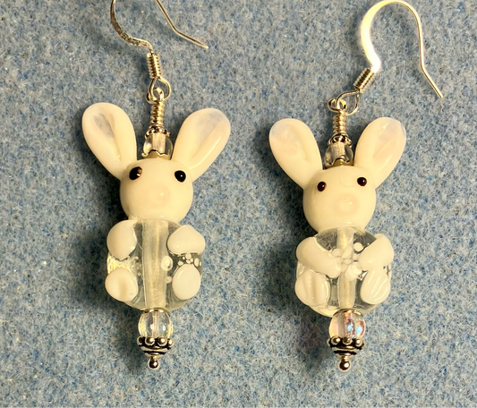 White and clear lamp work bunny rabbit bead earrings adorned with clear Czech glass beads.
