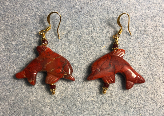 Dark red rainbow jasper gemstone dolphin bead earrings adorned with dark red Chinese crystal beads.