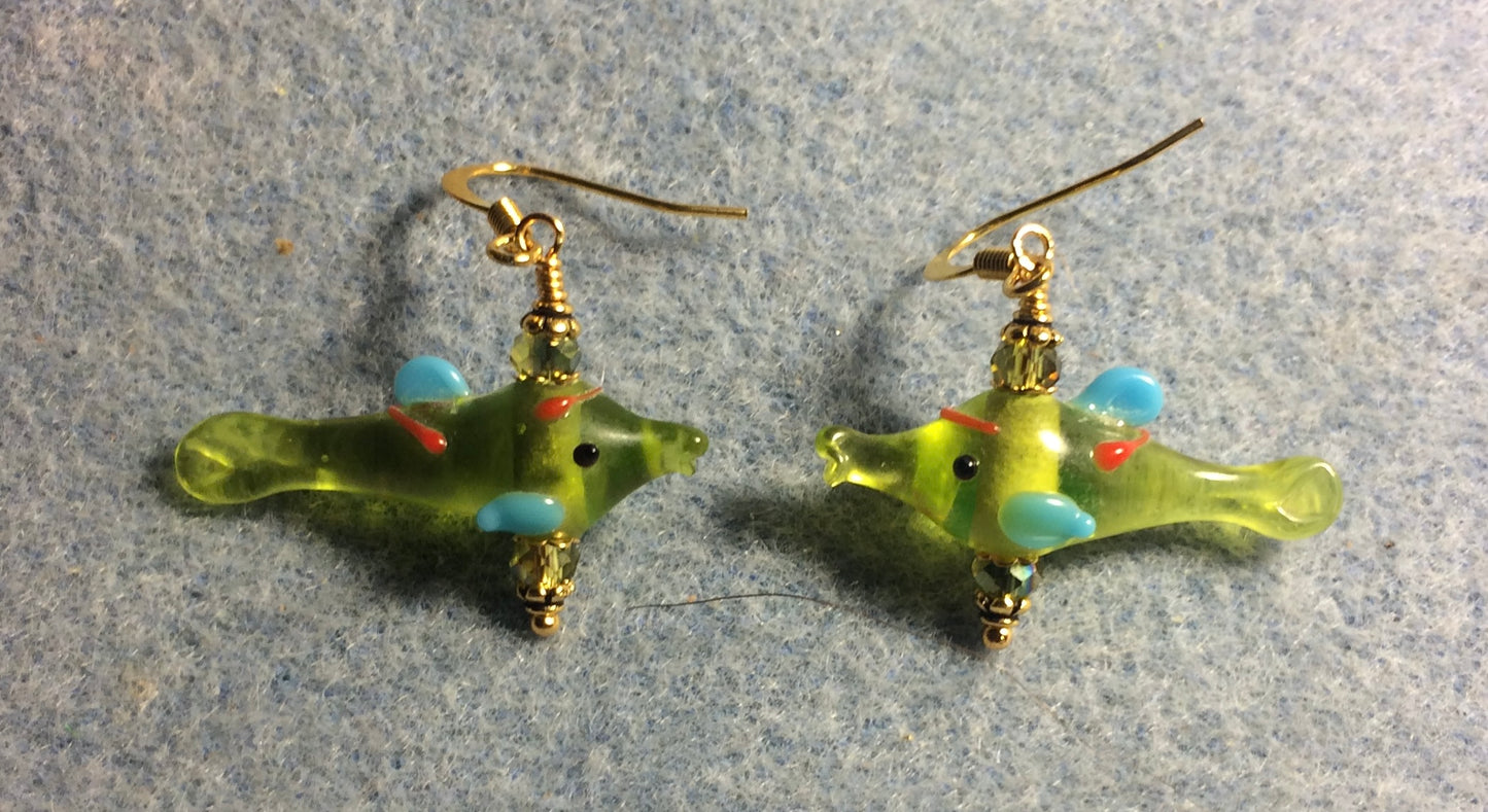 Small translucent olive green and turquoise lamp work fish bead earrings adorned with olive green Chinese crystal beads.