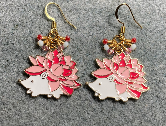 Pink, red, and white enamel porcupine charm earrings adorned with tiny dangling pink, red, and white Chinese crystal beads.
