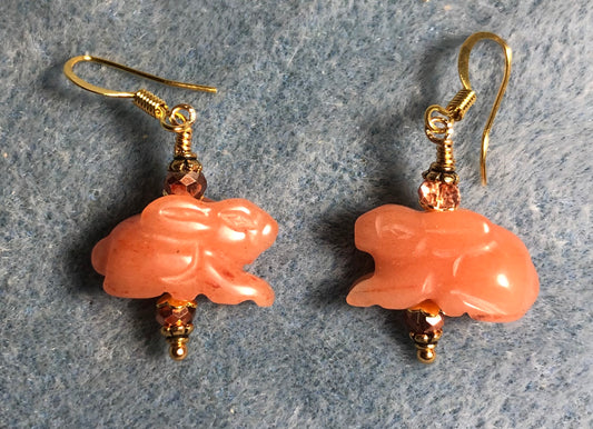 Orange aventurine gemstone rabbit bead earrings adorned with orange gold Chinese crystal beads.