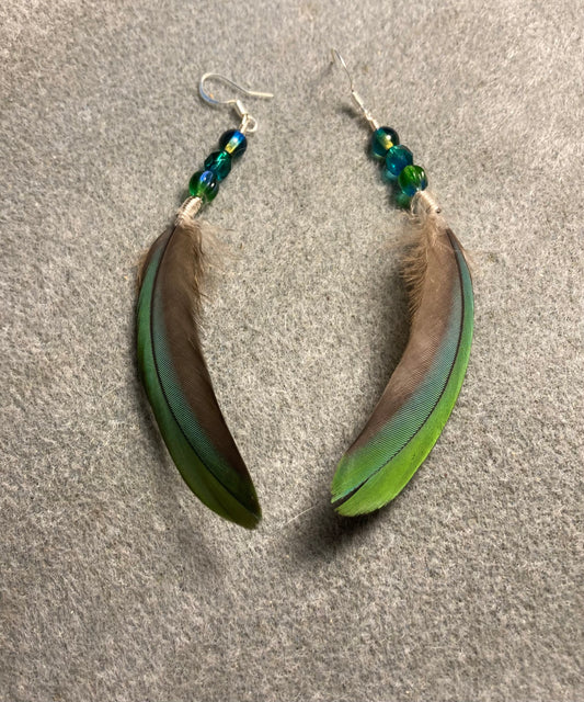 Green blue mini macaw feather earrings adorned with green and teal Czech glass beads.