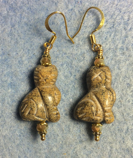 Picture jasper gemstone cat bead earrings adorned with tan Chinese crystal beads.