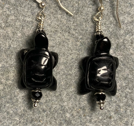 Black onyx gemstone turtle bead earrings adorned with black Chinese crystal beads.