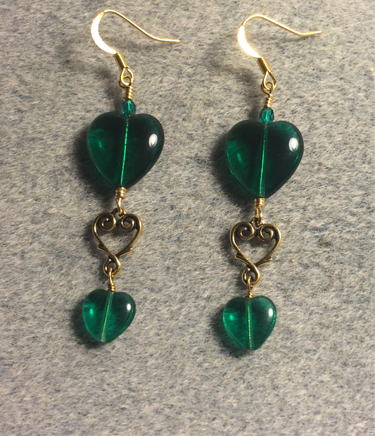 Large and small matching emerald green Czech glass heart bead earrings joined by gold Tierracast heart connectors.