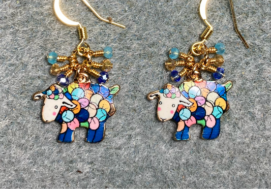 Colorful enamel sheep charm earrings adorned with tiny dangling turquoise, amber, and dark blue Chinese crystal beads.