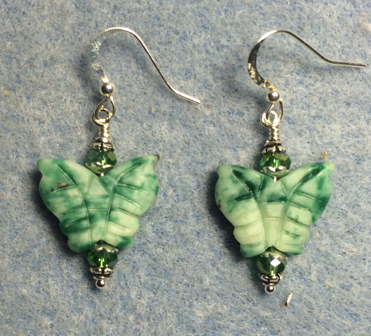 Green grass agate gemstone butterfly bead earrings adorned with green Chinese crystal beads.