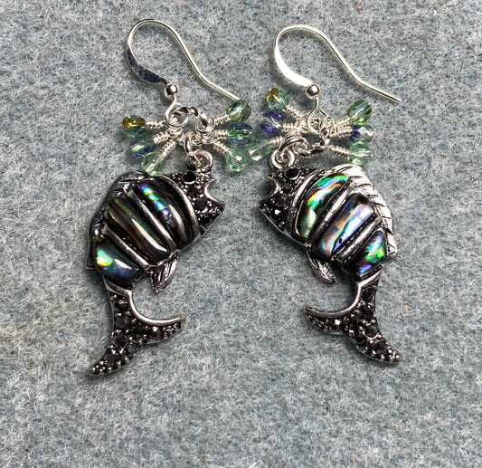 Silver and abalone kissing fish charm earrings adorned with small dangling green and violet beads.