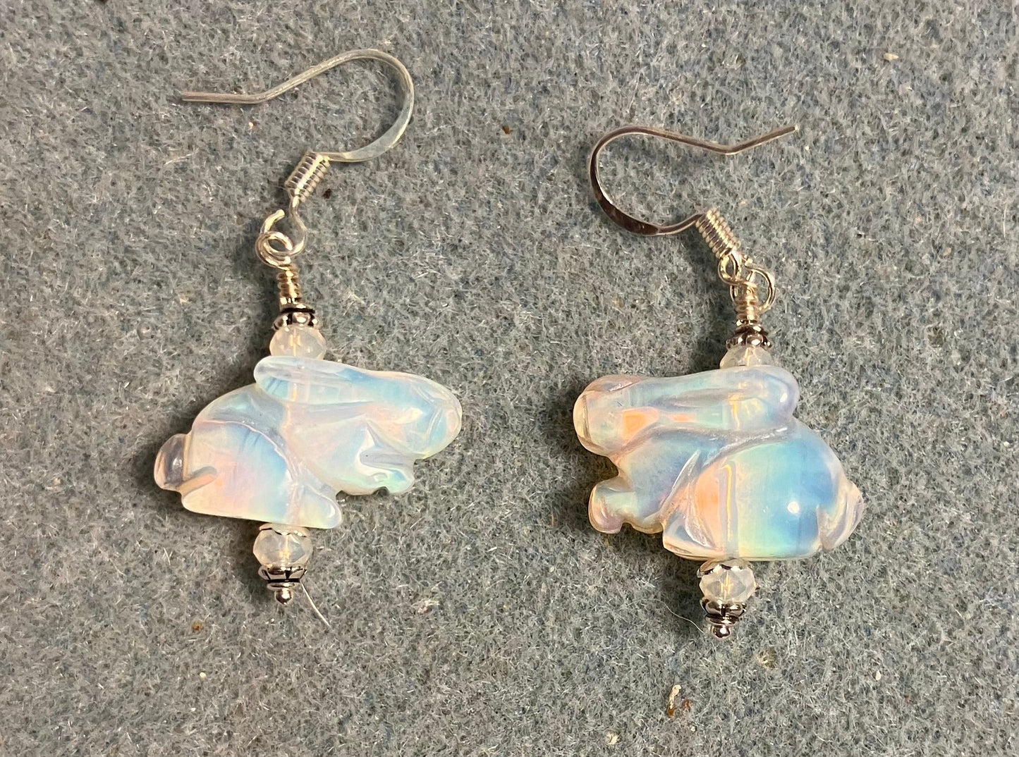Opalite gemstone rabbit bead earrings adorned with white Chinese crystal beads.