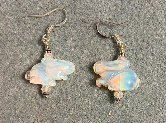 Opalite gemstone rabbit bead earrings adorned with white Chinese crystal beads.