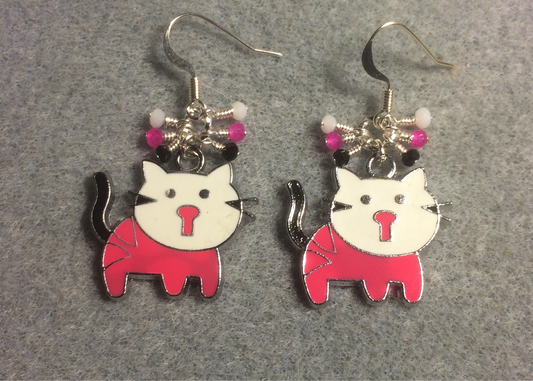 Hot pink, white, and black enamel cat charm earrings adorned with tiny dangling hot pink, white, and black Chinese crystal beads.