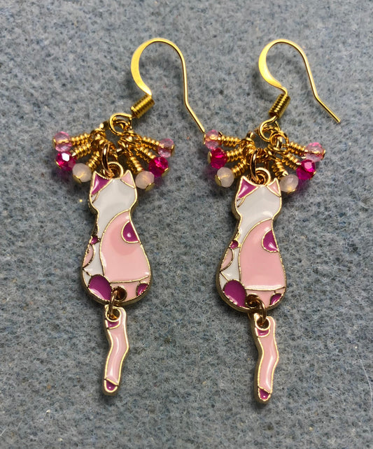 Hot pink, light pink, and white enamel cat charm earrings adorned with tiny dangling hot pink, light pink, and white Chinese crystal beads.