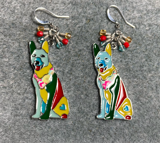 Large aqua, red, and yellow enamel German Shepherd charm earrings adorned with small dangling aqua, red, and yellow Czech glass beads.