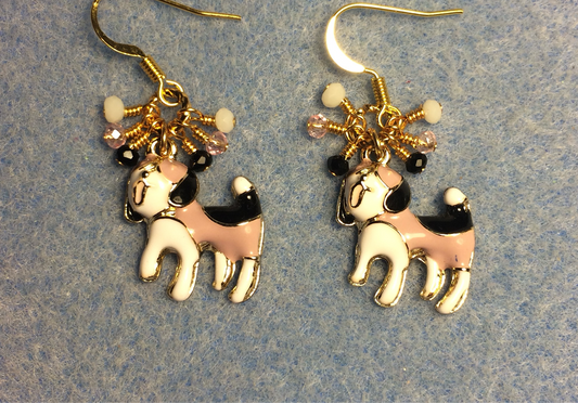 Pink, black, and white enamel dog charm earrings adorned with tiny dangling pink, black, and white Chinese crystal beads.