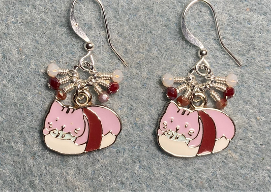 White, pink, and dark red enamel cat charm earrings adorned with tiny dangling white, pink, and dark red Chinese crystal beads.