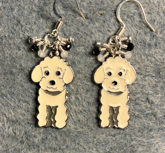 White and silver enamel poodle dog charm earrings adorned with tiny dangling white, silver, and black Chinese crystal beads.