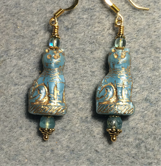 Light turquoise (with gold inlay) fancy Czech glass cat bead earrings adorned with light turquoise Czech glass beads.