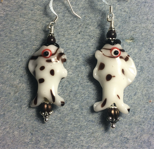 White and brown lamp work fish bead earrings adorned with brown Czech glass beads.