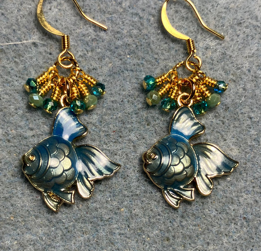 Metallic turquoise enamel angelfish charm earrings adorned with tiny dangling turquoise Chinese crystal beads.