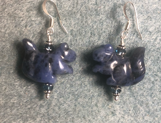 Blue sodalite gemstone squirrel bead earrings adorned with blue Chinese crystal beads.