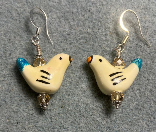 Small light yellow and turquoise ceramic bird bead earrings adorned with light yellow Chinese crystal beads.