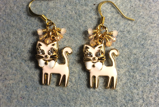 Light pink enamel and rhinestone cat charm earrings adorned with small dangling pink and peach Chinese crystal beads.