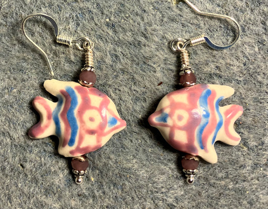 Violet and blue ceramic angelfish bead earrings adorned with violet Chinese crystal beads.